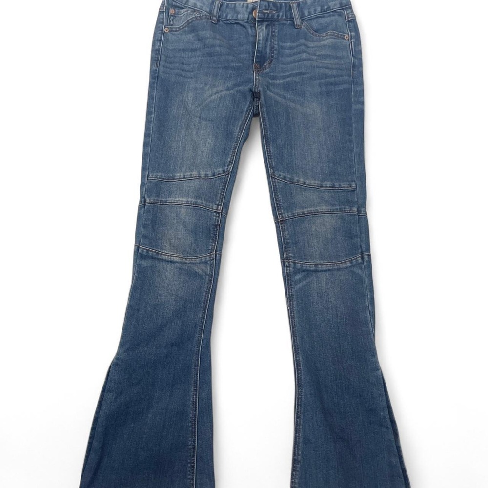 Free‎ People Penny Flare Jeans Blue Moto Knee Button Hem Bell Bottom Denim 26